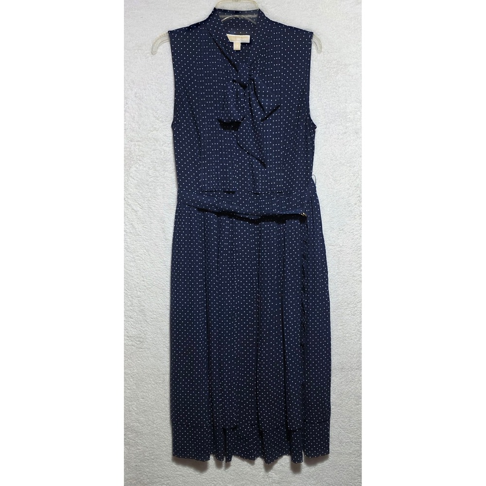 Michael Kors Navy Blue Polka Dot Tie Neck Pleated Midi Dress Size 12